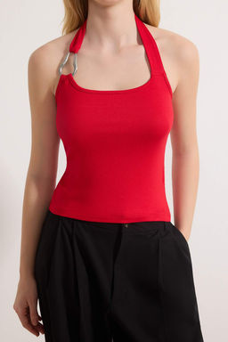 K?rm?z? Fitted/Vucuda Oturan Boyundan Baglamal? Aksesuar Detayl? Yumusak Orme Bluz TWOSS26BZ00075