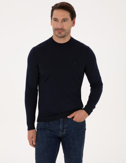 Lacivert Slim Fit Y_n Kar___ml_ _eyrek Bal_k__ Yaka Basic Triko Kazak