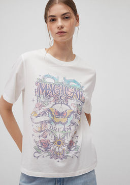 Bask?l? Beyaz Tisort