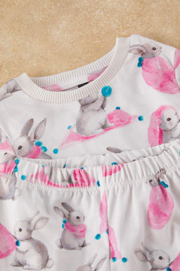 Ekru K?z Bebek %100 Pamuk Tavsan Bask?l? K?sa Kol Pijama Tak?m? TKDSS25PT00037 - Trendyolmilla фото 3