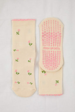 Ekru-Pembe Pamuklu Cicekli Kayd?rmaz Yoga/Pilates Orme Corap THMAW26CO00019