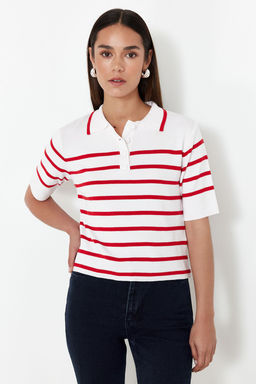 Ekru Premium Kalite Polo Yaka Cizgili Triko Kazak TWOSS24KZ00048 - Trendyolmilla фото 10