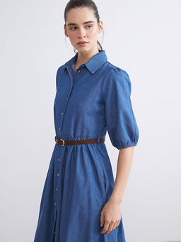 G?mlek Yaka Balon Kollu Kemerli Jean Elbise