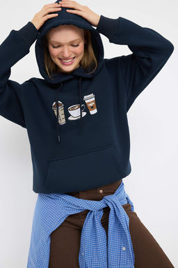 Teen Lacivert Nak?sl? Oversize/Genis Kal?p Kapusonlu Orme Sweatshirt TWOAW26SW00105