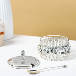 Сахарница «Ажур», 200 мл, 10×10 см, с ложкой МИКС, металл, стекло, серебристая