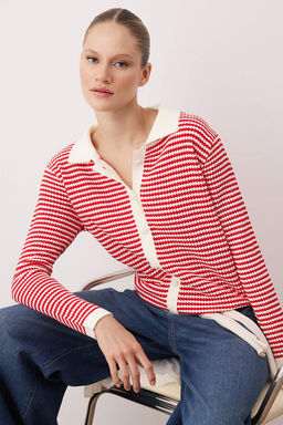 K?rm?z? Cizgili Polo Yaka Detayl? Triko H?rka TWOAW26HI00263