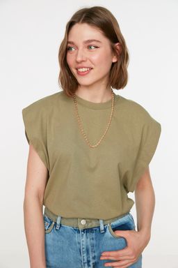 Haki %100 Pamuk Vatka Gorunumlu Basic Bisiklet Yaka Orme T-Shirt TWOSS20TS0021