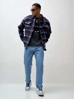 Куртка рубашка шерстяная в клетку мужская демисезонная темно-фиолетового цвета 58569TF