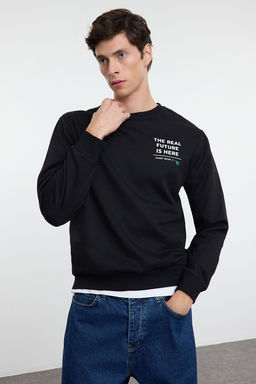 TRENDYOL MAN Siyah Regular/Normal Kesim Bisiklet Yaka Yaz? Bask?l? Ici Polarl? Sweatshirt TMNAW25SW00179