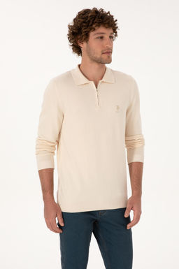 Erkek Slim Fit Yar_m Fermuarl_ Polo Yaka Krem Kazak