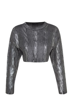 TRENDYOLMILLA Antrasit Super Crop Sac Orgulu Varak Bask?l? Triko Kazak TWOAW24KZ01074