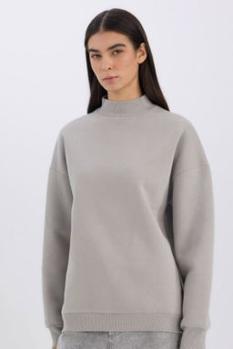 Oversize Genis Kal?p Yar?m Bal?kc? Yaka Basic Duz Kal?n Sweatshirt