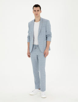 A__k Mavi Slim Fit Keten Kar___ml_ _izgili Tak_m Elbise