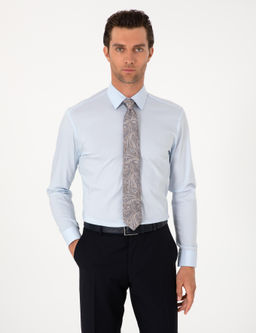 A__k Mavi Slim Fit Pamuk Kar___ml_ Klasik Yaka Basic G_mlek