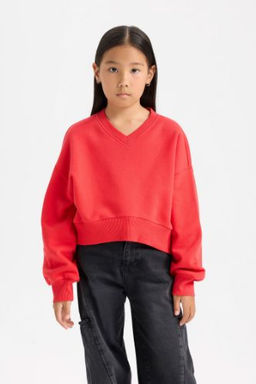K?z Cocuk Crop V Yaka Basic Duz Sweatshirt