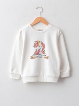 Bisiklet Yaka Bask?l? Uzun Kollu K?z ?ocuk Sweatshirt