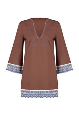 KahverengI Mini Dokuma Serit Aksesuarl? %100 Pamuklu Plaj Elbisesi TBESS24EL00094