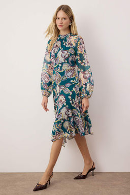 Yesil-Cok Renkli Midi Sifon Astarl? Dokuma Elbise TWOAW26EL00284