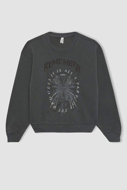 Толстый свитшот с круглым вырезом и принтом для девочек - Defacto фото 7