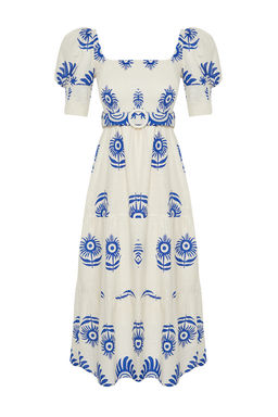 Pembe Desenli Kare Yaka Keten Gorunumlu Kemerli Midi Dokuma Elbise TWOSS24EL00779 - Trendyolmilla фото 15