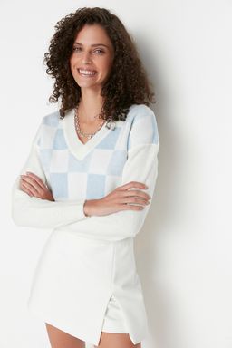 Ekru Crop Yumusak Dokulu Desenli Triko Kazak TWOAW21KZ0174