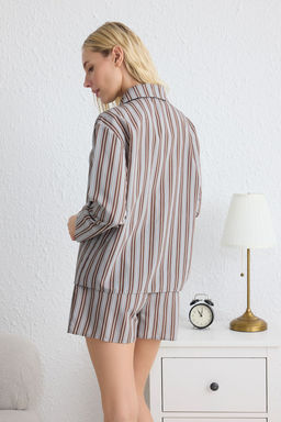 Trendyolmilla Kahverengi-Cok Renkli Cizgili Sortlu Dokuma Pijama Tak?m? THMSS25PT00134  фото 9