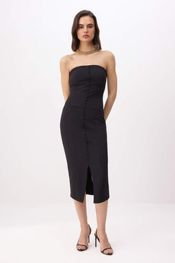 Siyah Straplez Dugme Detayl? Midi Esnek Dokuma Elbise TWOSS26EL00337