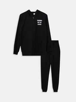 Kap??onlu Bask?l? Uzun Kollu K?z ?ocuk Fermuarl? Sweatshirt ve E?ofman Alt?