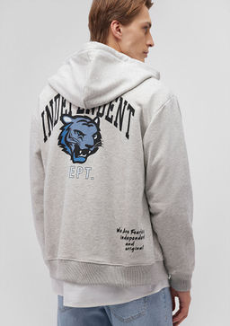 S?rt Bask?l? Kapusonlu Gri Sweatshirt