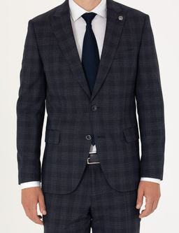 Lacivert Ekose Ekstra Slim Fit Y_n Kar___ml_ Tak_m Elbise