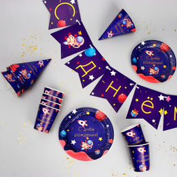 Набор бумажной посуды Космос, 6 тарелок, 6 стаканов, 6 колпаков, гирлянда