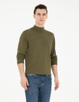 A__k Ye_il Slim Fit Yar_m Bal_k__ Yaka Y_n Kar___ml_ Basic Triko Kazak