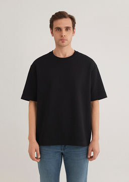 Bisiklet Yaka Siyah Basic Tisort - Mavi фото 5