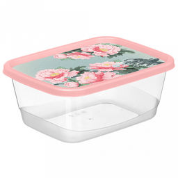 Контейнер для продуктов пластмассовый 1,5л, 19,7х15,1х8см, прямоугольный, с декором "Сад пионов", розовый (Россия)