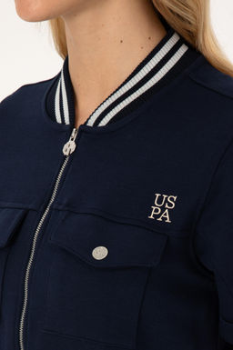 Kad_n Lacivert K_sa Kollu Fermuarl_ Bisiklet Yaka Sweatshirt