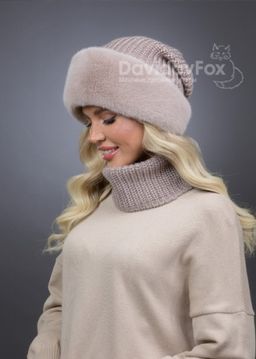 Шапка Ника трикотаж экомех бежевая