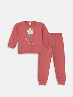 Bisiklet Yaka Uzun Kollu ?i?ekli K?z Bebek Sweatshirt ve E?ofman Alt 2li Tak?m