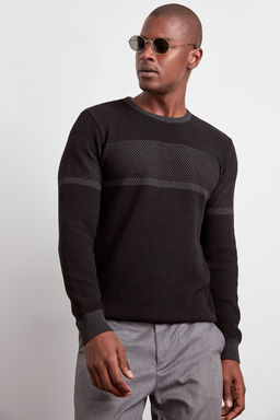 Siyah Slim Dar Kesim Bisiklet Yaka Renk Bloklu Triko Kazak TMNAW20LS0036 - Trendyolmilla фото 2