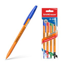Цена за 24 шт. Набор из 4 ручек шариковых ErichKrause R-301 Stick Orange 0.7, цвет чернил: синий, черный, красный, зеленый (в пакете)