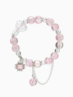 Браслет с подвесками «Сахарный» ромб, сердечко, шар №10, d=6 см, бело-розовый в серебре