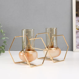 Подсвечник на 2 свечи «Шестигранники», металл, стекло, белый с золотом, 15.5×26.5×10.5 см