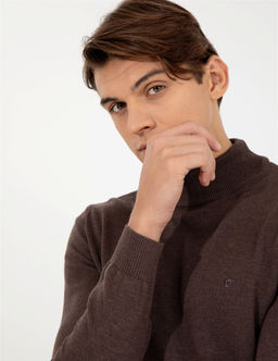 A__k Kahverengi Slim Fit Yar_m Bal_k__ Yaka Basic Triko Kazak