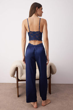 Lacivert 3lu Ceyiz Set Ust Dantel, Alt Saten Ask?l? Kulotlu Dokuma Pijama Tak?m? THMAW26PT00077