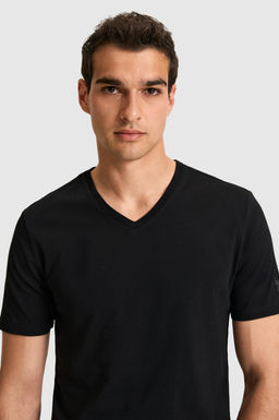 Erkek Regular Fit V Yaka Siyah Basic Ti__rt