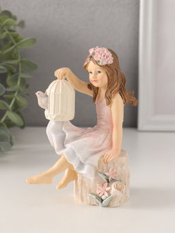 Фигурка полистоун «Девочка с клеткой и птицей, на камне», 9×6.5×12.5 см