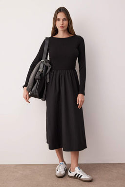 Siyah Orme/Dokuma Kumas Miks Maxi Dokuma Elbise TWOAW26EL00232