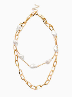 Колье "Жемчуг" борокко, цепь, 2 яруса, цвет белый в золоте