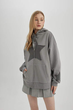 Толстовка на молнии с капюшоном и принтом Cool Oversize - Defacto фото 6