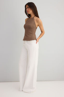 Ac?k Kahverengi Pamuklu Ince Gabardin Halter Yaka Dokuma Bluz TWOSS25BZ00536