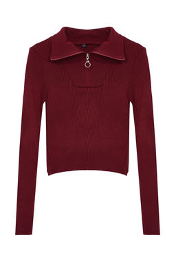 TRENDYOLMILLA Bordo Crop Fermuar Detayl? Triko Kazak TWOAW24KZ01208
